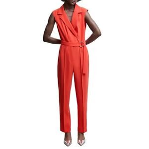 NWT MANGO Red - Coral Belt Wrap Jumpsuit Sleeveless Notched Lapel Size XS